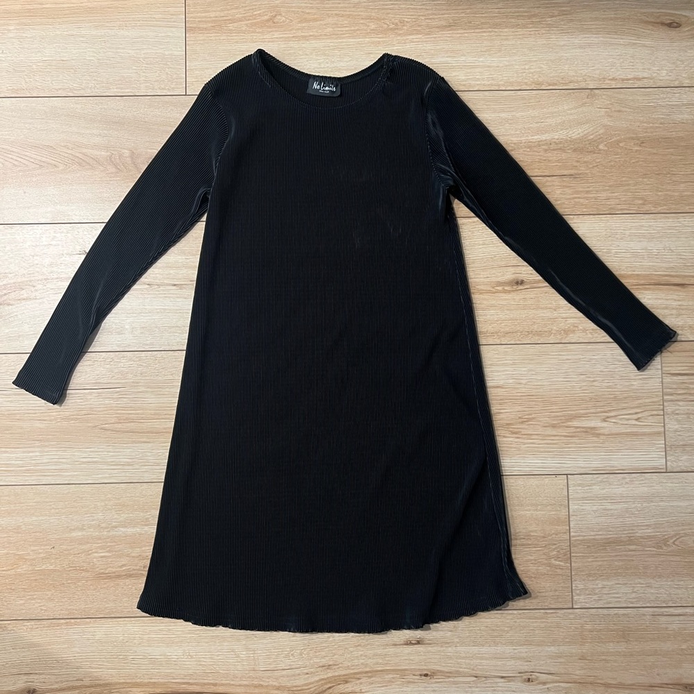Vintage Black Pleated Long Sleeve Skater Dress